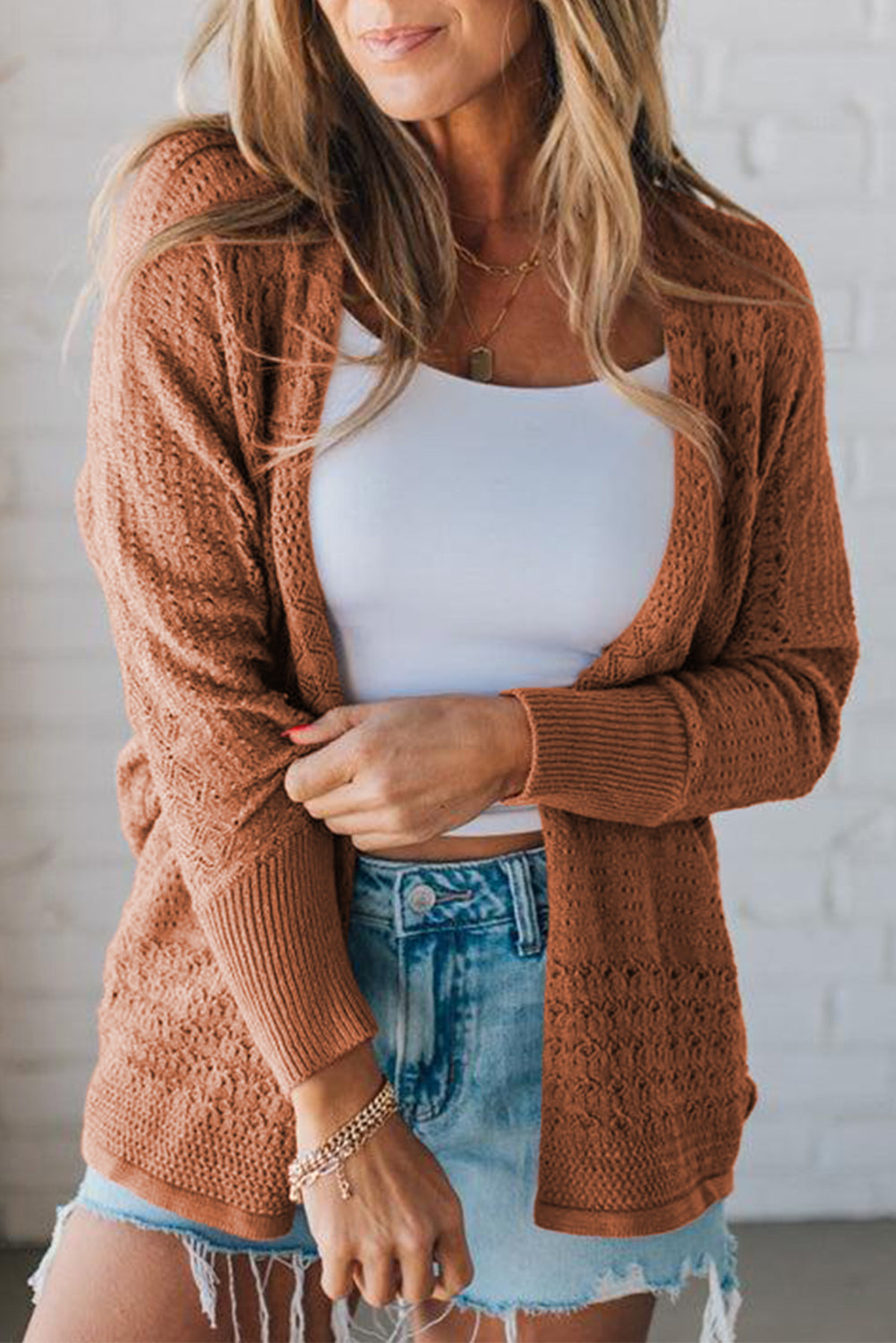 Redwood Burl Mix Pattern Hollowed Knit Open Front Cardigan