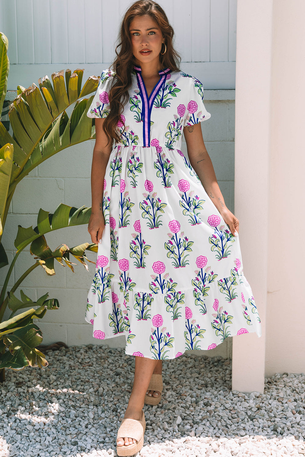 White Floral Puff Short Sleeve V Neck High Waist Maxi Dress