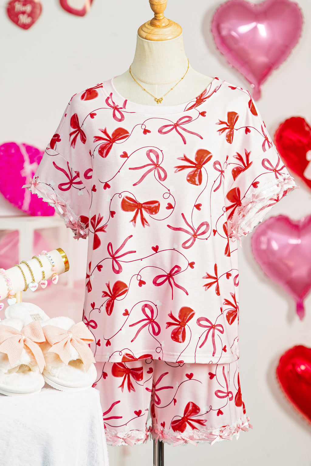 Red Romantic Bow Print Loose Tee Drawstring Shorts 2pcs Lounge Set