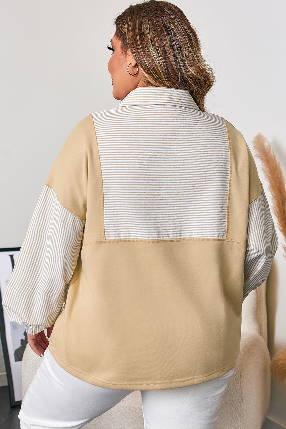 Khaki Stripe Mix Half Zip French Terry Plus Size Sweatshirt