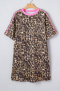Apricot Leopard Print Contrast Varsity Striped Detail Loose T Shirt Dress
