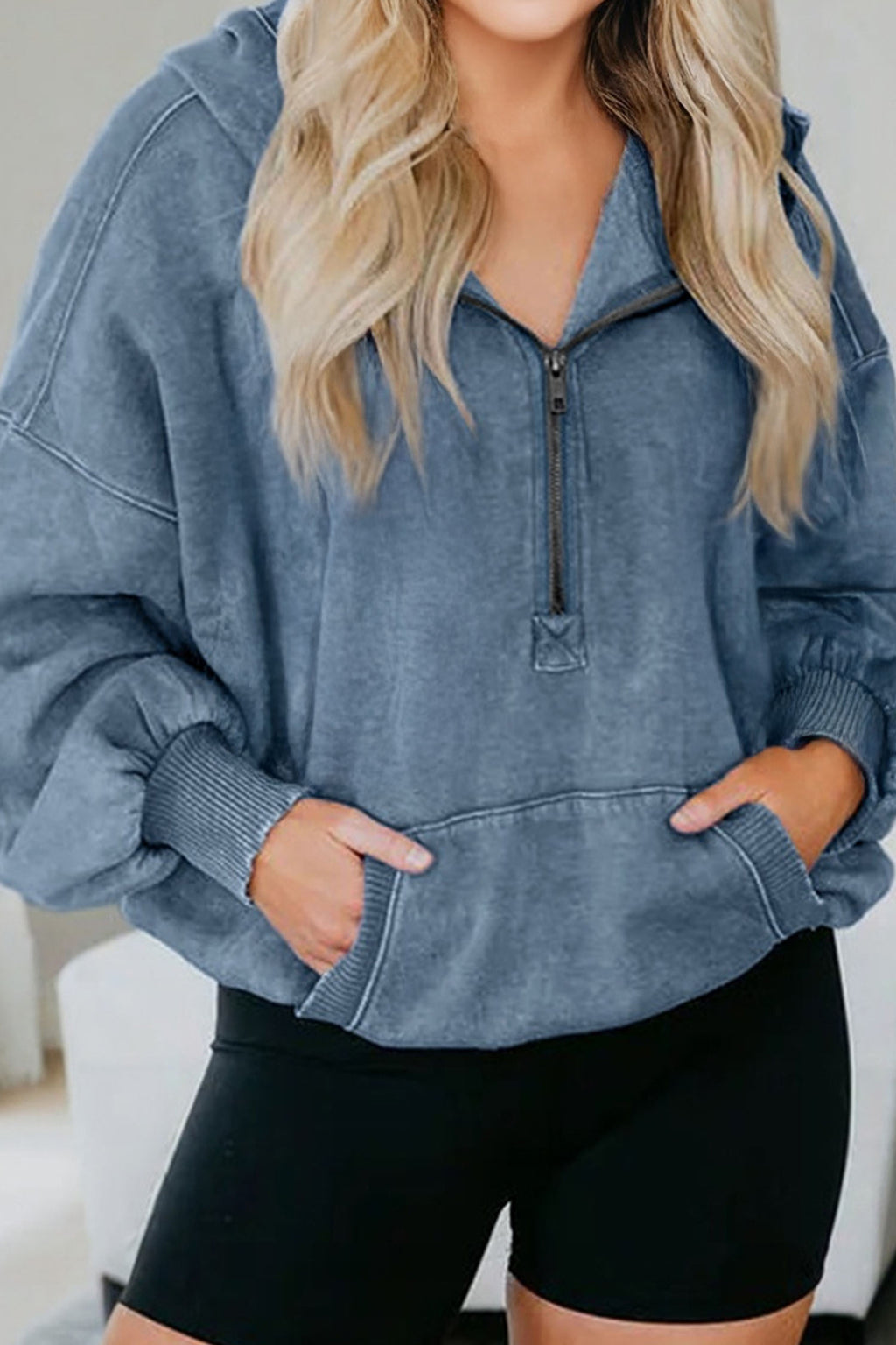 Ashleigh Blue Half Zip Kangaroo Pocket Mineral Wash Baggy Hoodie