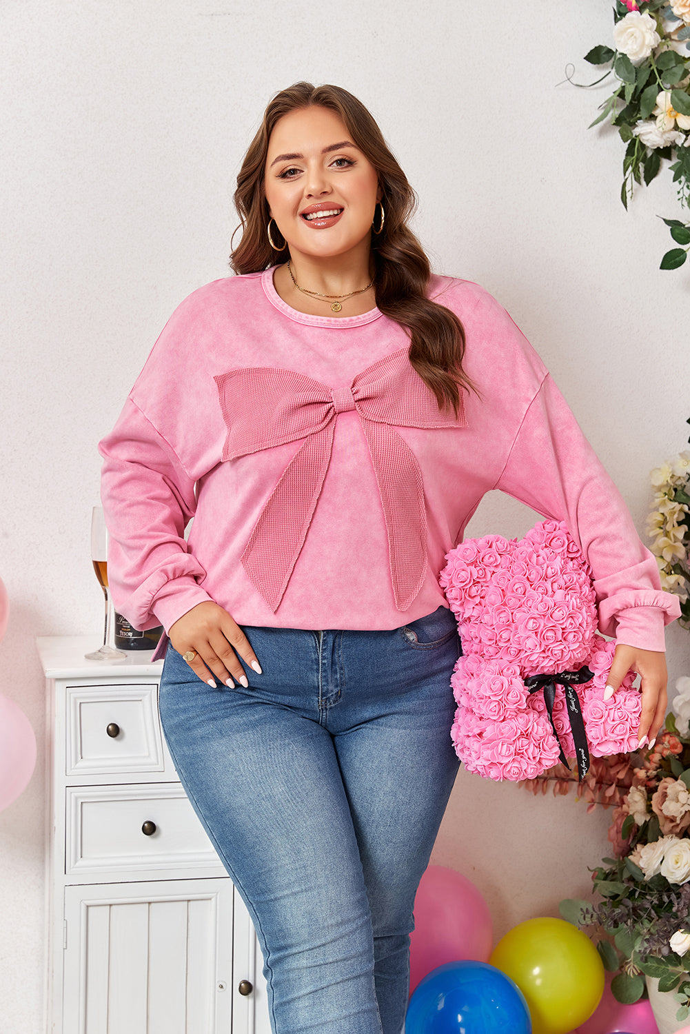 Bonbon Waffle Bowknot Patchwork Graphic Mineral Wash Plus Size Sweatshirt