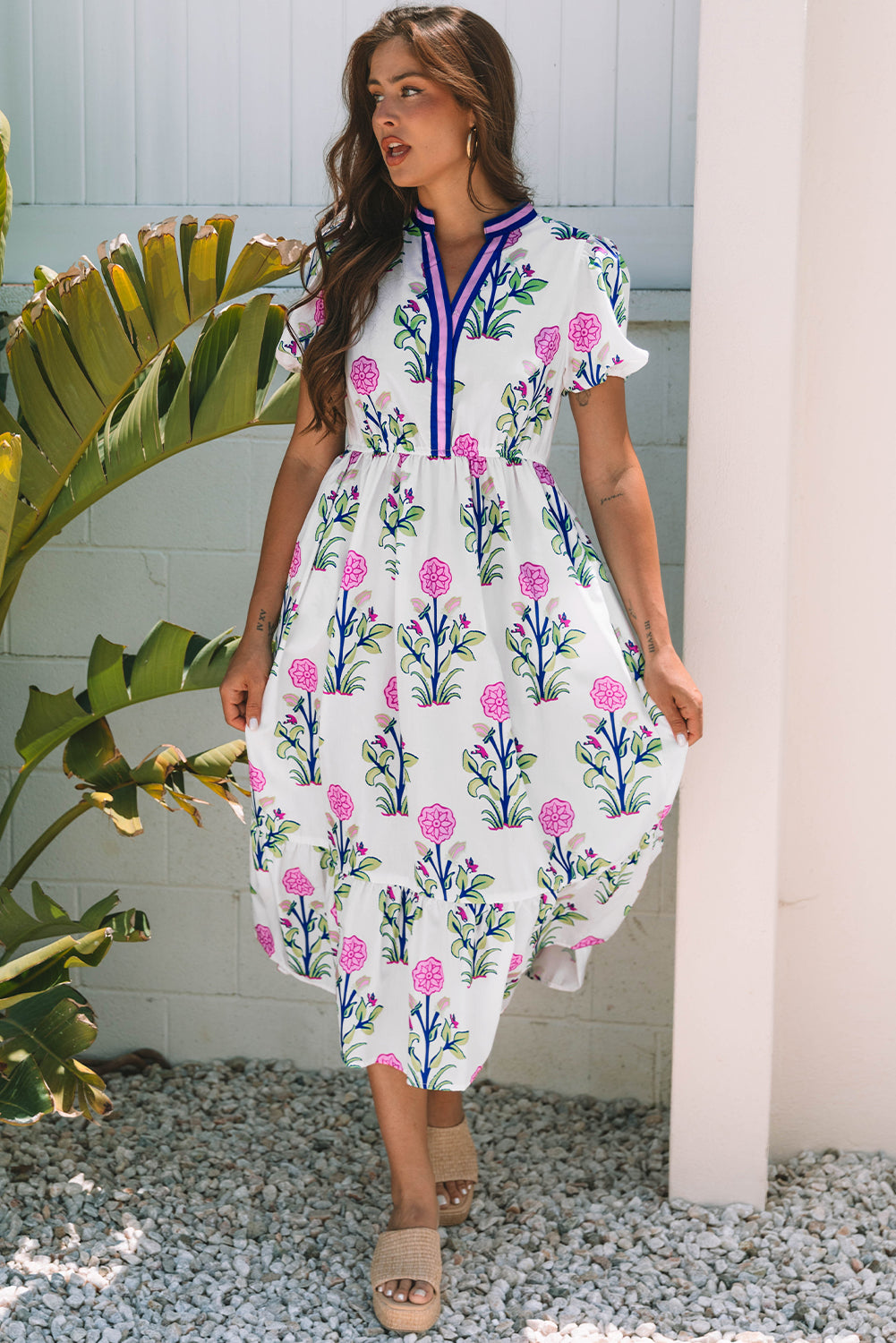 White Floral Puff Short Sleeve V Neck High Waist Maxi Dress