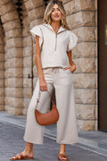 Apricot Textured Ruffled Sleeve Zipped Top and Wide Leg Pants Set