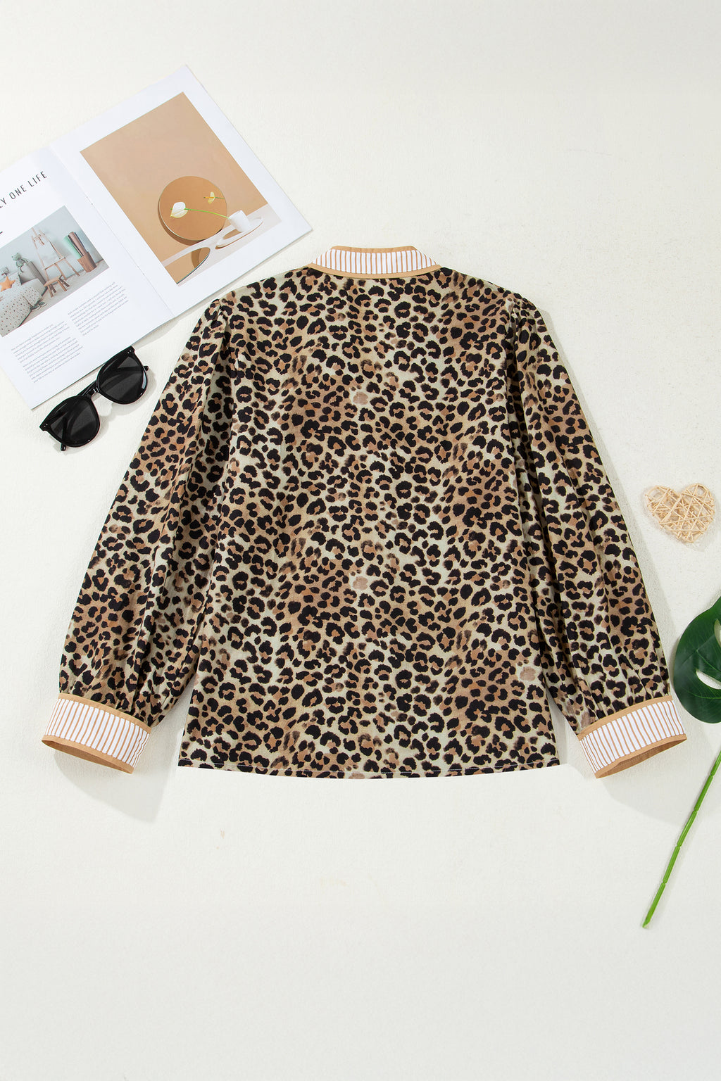 Khaki Contrast Striped Trim V Neck Leopard Shirt