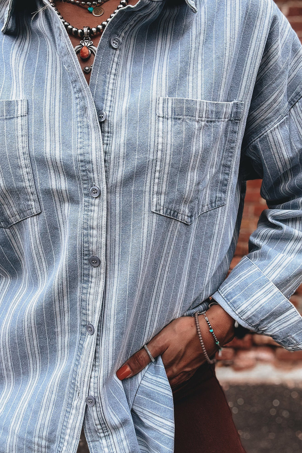 Sky Blue Stripe Boyfriend Chest Pocket Classic Denim Shacket