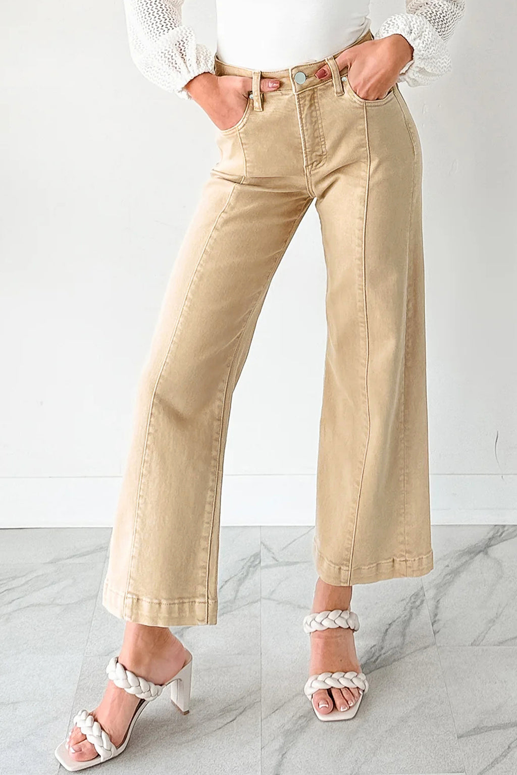 Apricot Solid Color Seamed Center Wide Leg Cropped Jeans