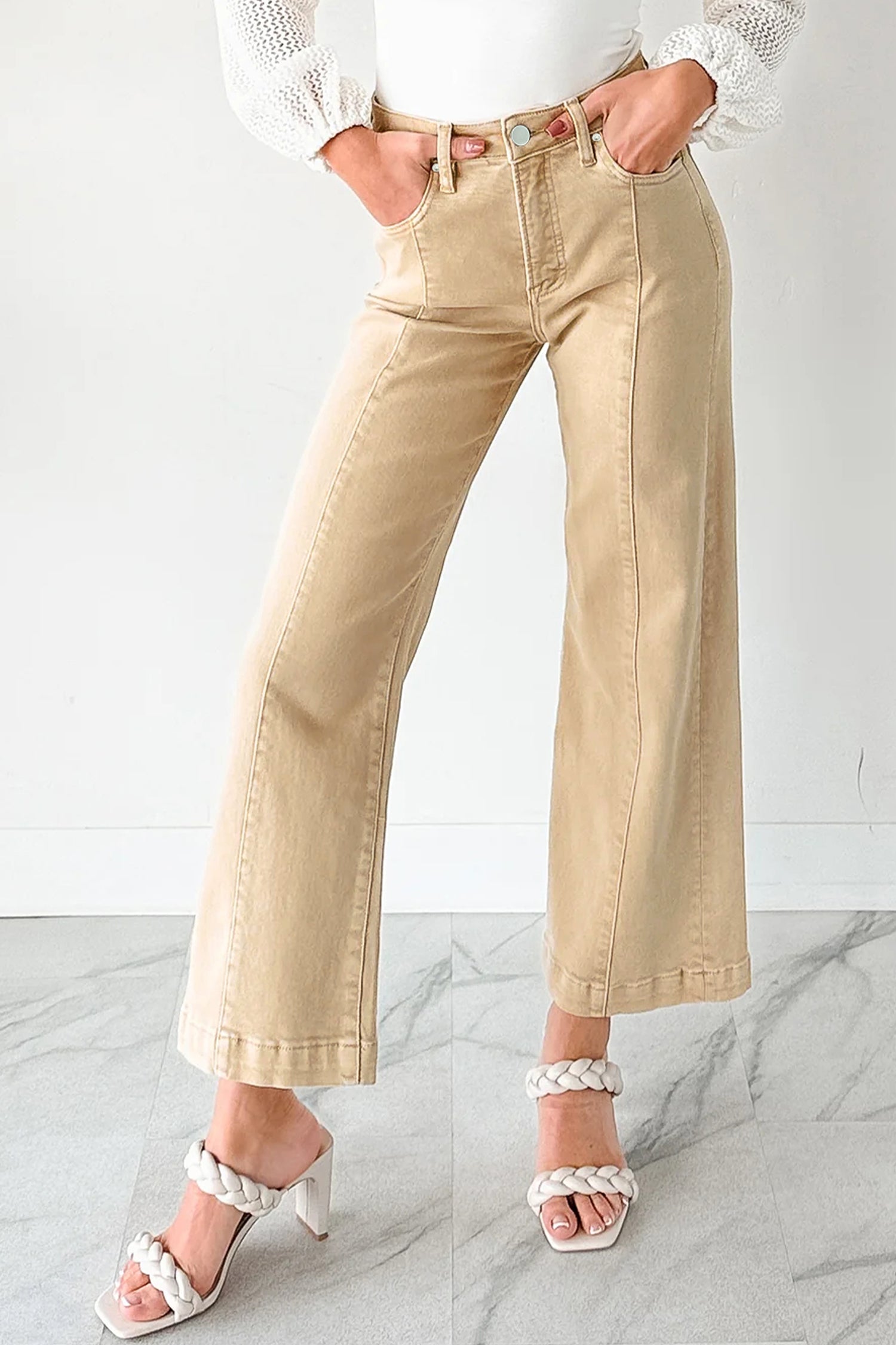 Apricot Solid Color Seamed Center Wide Leg Cropped Jeans