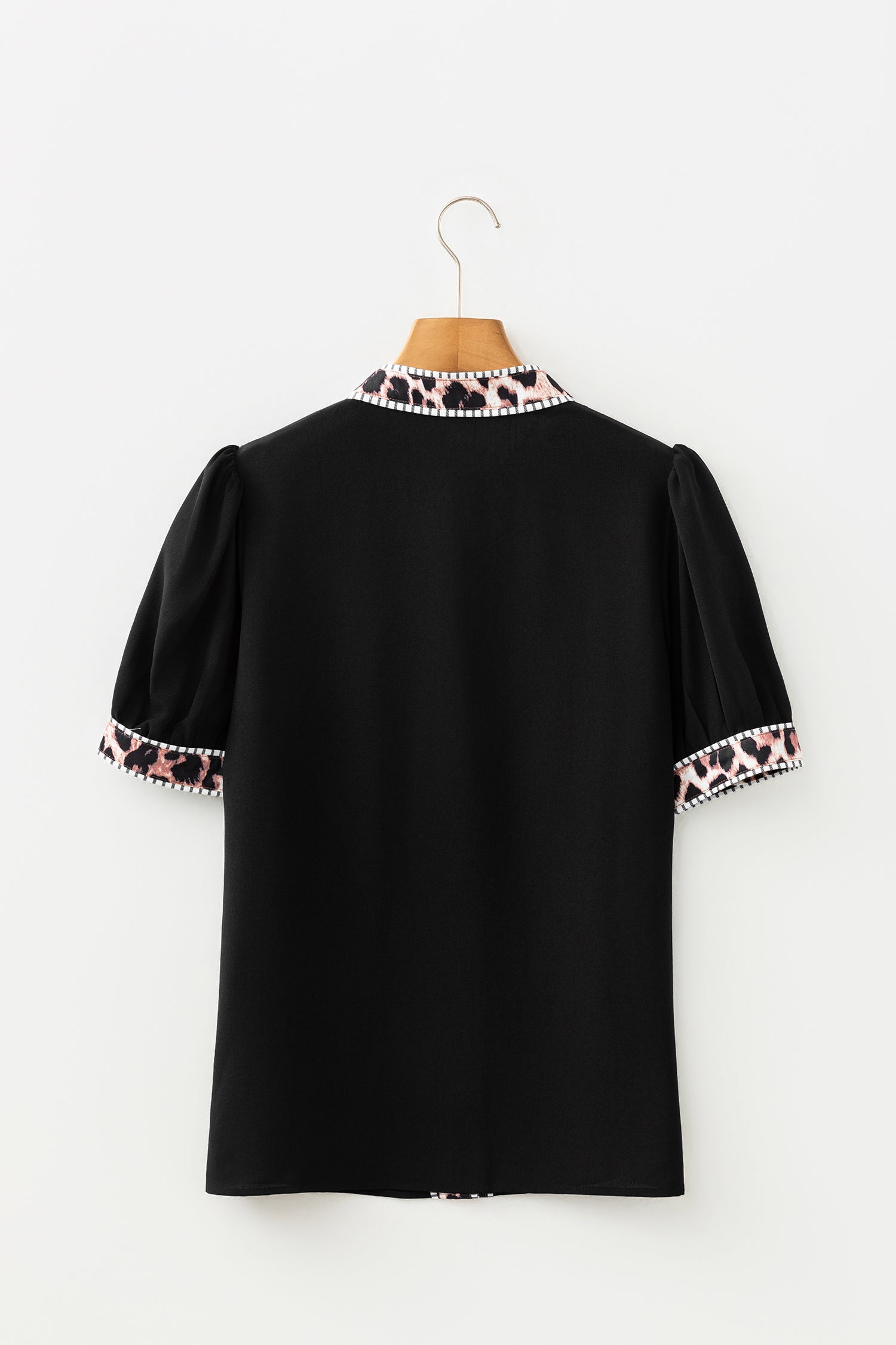 Black V Neck Short Puff Sleeve Contrast Striped Leopard Trim Button Down Shirt