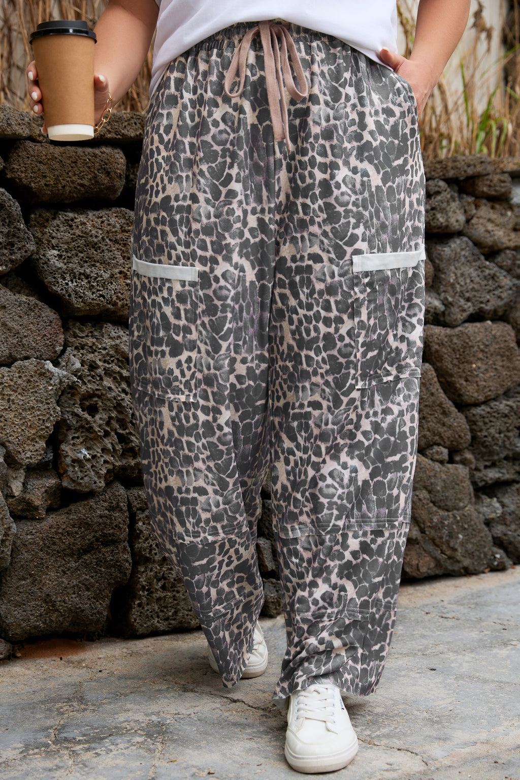 Khaki Plus Size Leopard Print Raw Edge Patch Pocket Drawstring Loose Pants