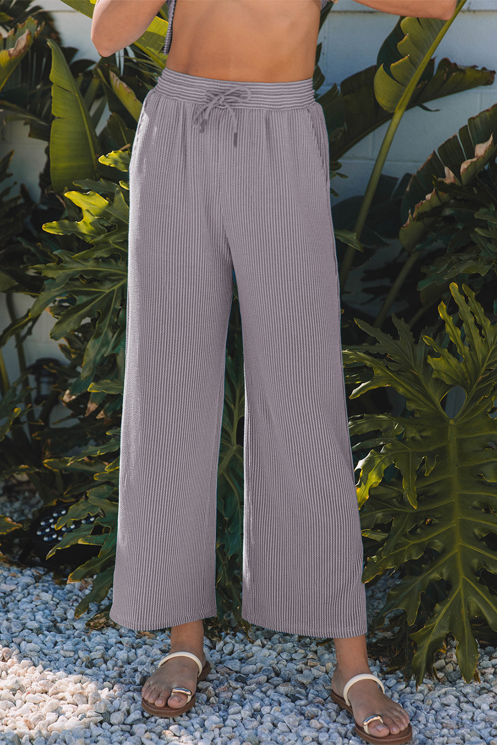 Wild Wind Solid Corded Knit Short Sleeve T Shirt and Wide Leg Pants Set