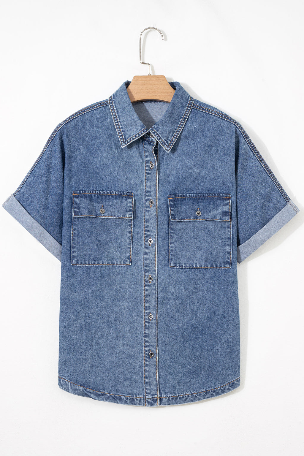 Ashleigh Blue Button Flap Pocket Cuffed Short Sleeve Denim Shirt