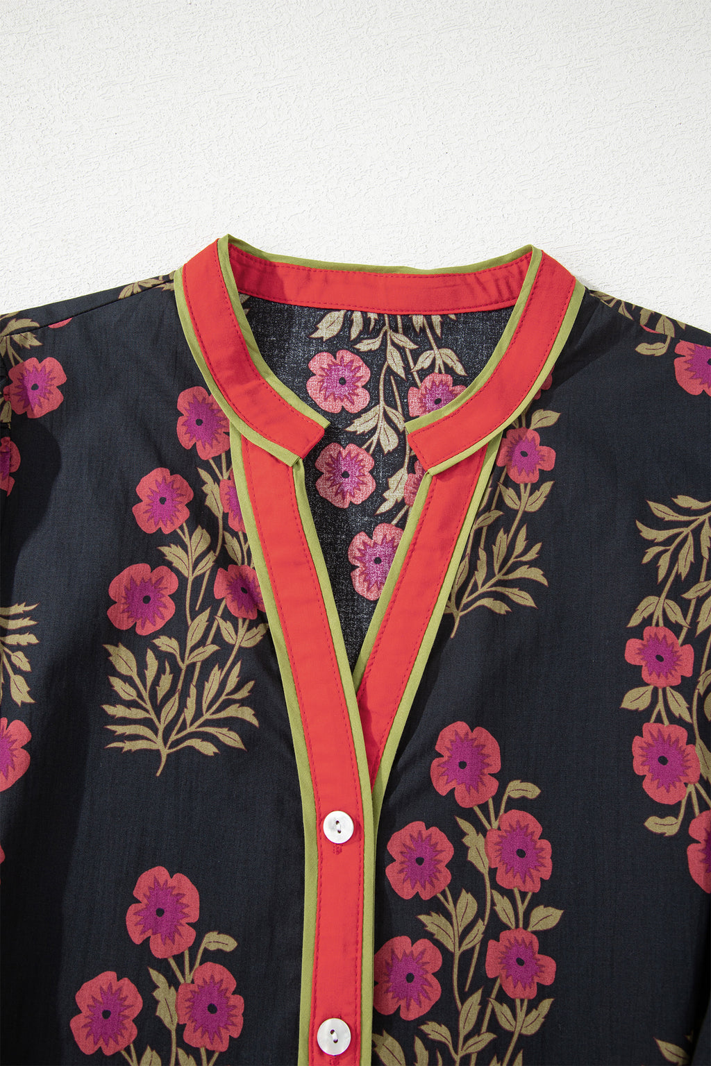 Black Retro Floral Print Button Down Belted Short Puff Sleeve Mini Dress